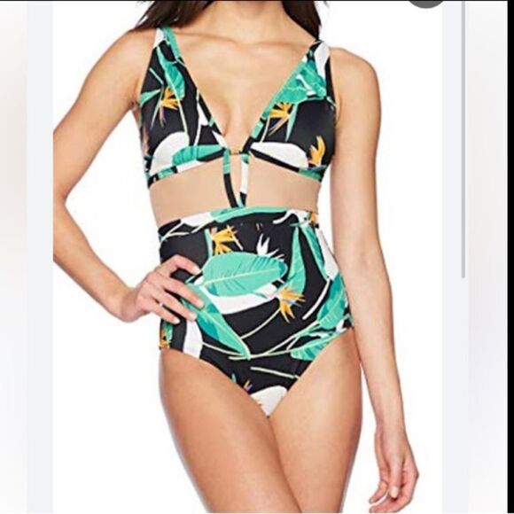 Coastal Blue Women's Sz Med Black Jungle Print Green Mesh One Piece Swimsuit - Picture 2 of 8